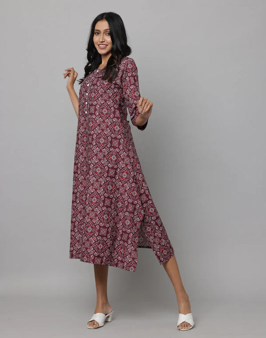 Floral Print Round Neck Elbow Length Sleeve Dress