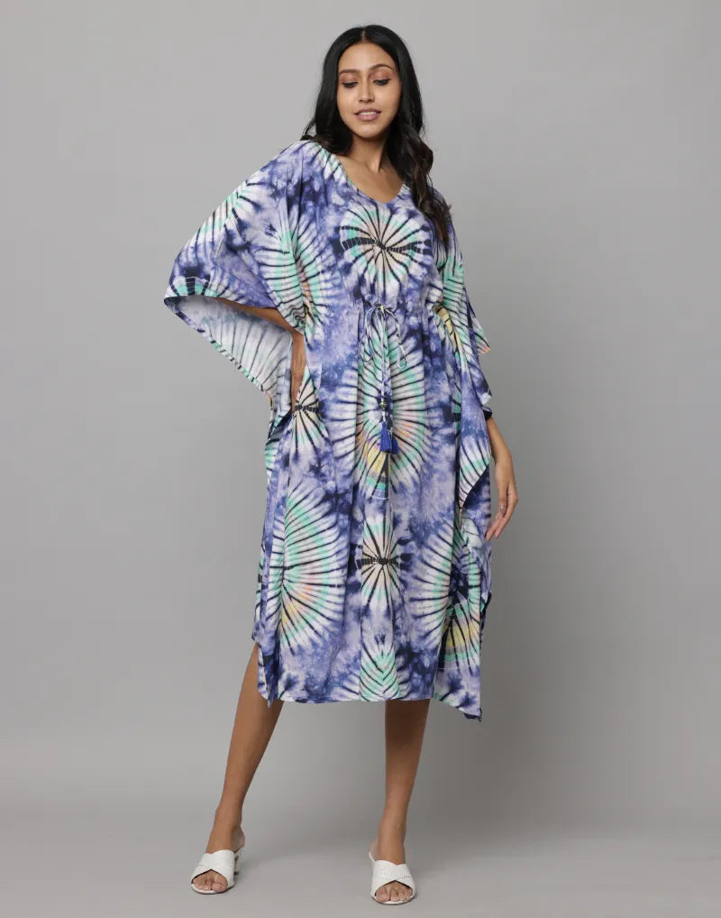 Anavarana Abstract Print U Neck Kaftan With Waist String & Tunnel