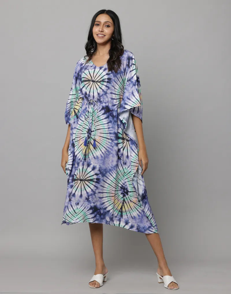 Anavarana Abstract Print U Neck Kaftan With Waist String & Tunnel