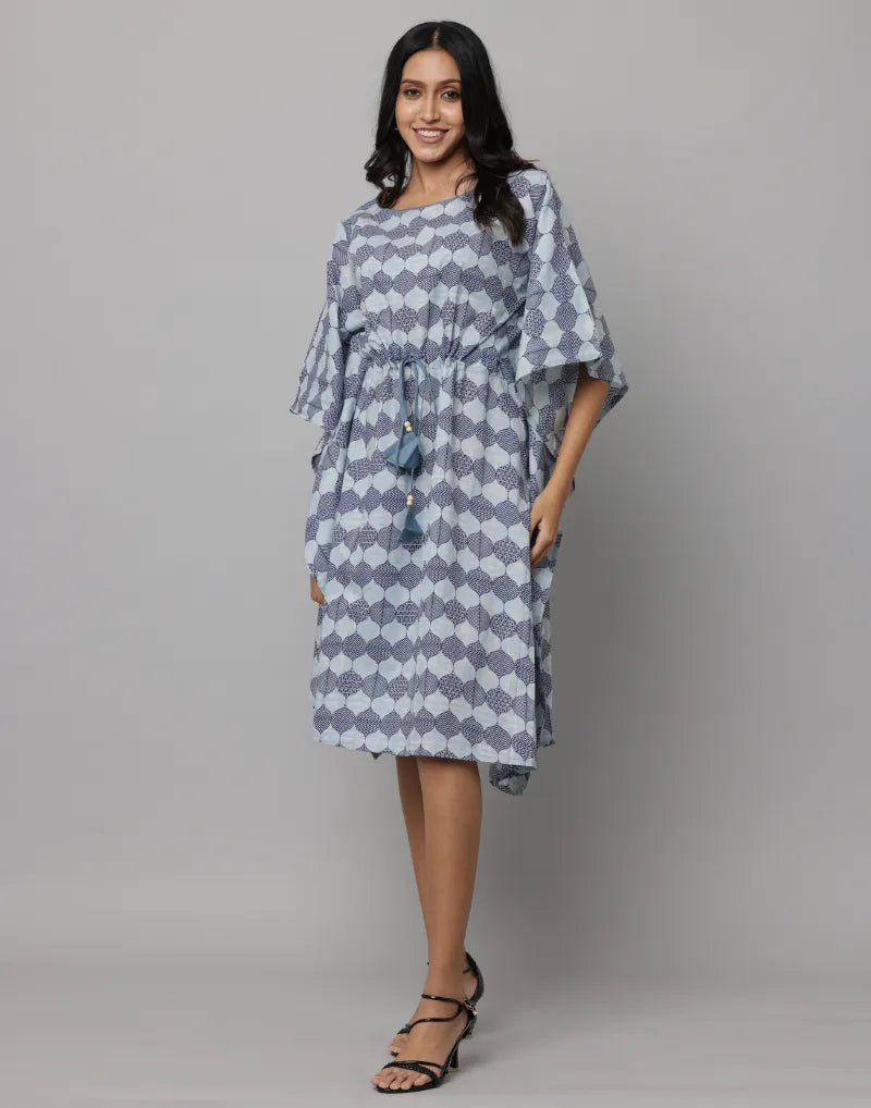 Bagru Print U Neck Kaftan With Waist String & Tunnel