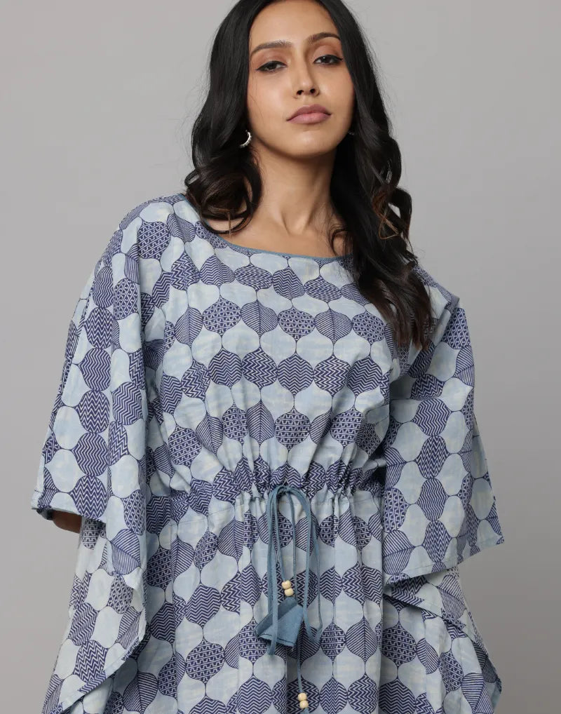 Bagru Print U Neck Kaftan With Waist String & Tunnel