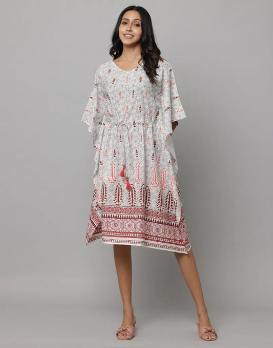 Floral Print U Neck Waist String Kaftan