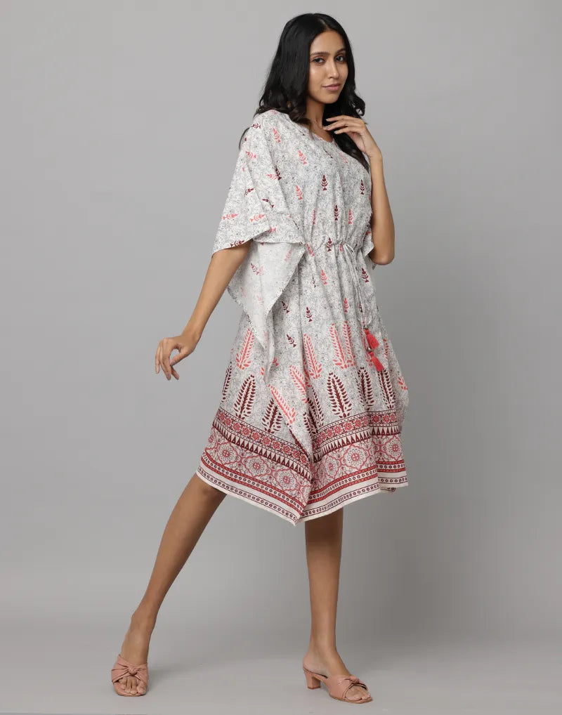 Floral Print U Neck Waist String Kaftan