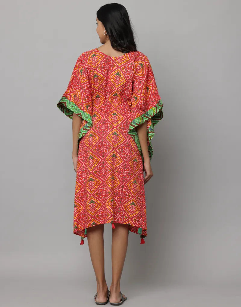 Block Print U Neck Kaftan Stitched With Contrast Fabric On Side Seam & Neck