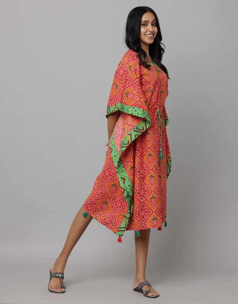 Block Print U Neck Kaftan Stitched With Contrast Fabric On Side Seam & Neck