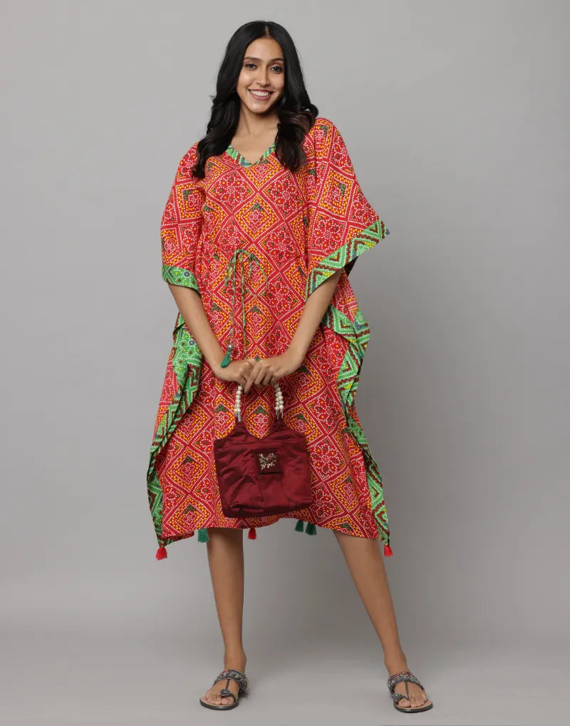 Block Print U Neck Kaftan Stitched With Contrast Fabric On Side Seam & Neck