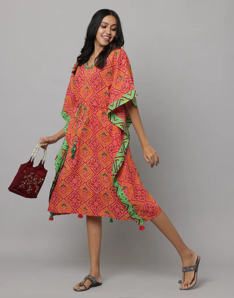 Block Print U Neck Kaftan Stitched With Contrast Fabric On Side Seam & Neck