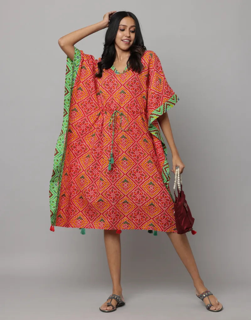 Block Print U Neck Kaftan Stitched With Contrast Fabric On Side Seam & Neck