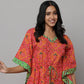 Block Print U Neck Kaftan Stitched With Contrast Fabric On Side Seam & Neck