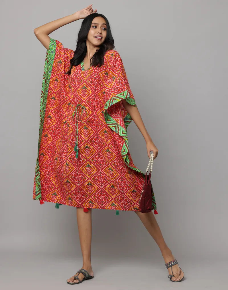 Block Print U Neck Kaftan Stitched With Contrast Fabric On Side Seam & Neck