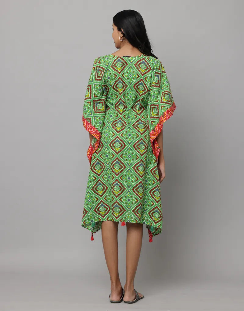 Block Print U Neck Kaftan Stitched With Contrast Fabric On Side Seam & Neck