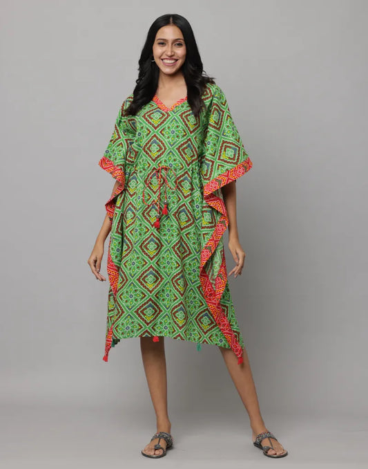 Block Print U Neck Kaftan Stitched With Contrast Fabric On Side Seam & Neck