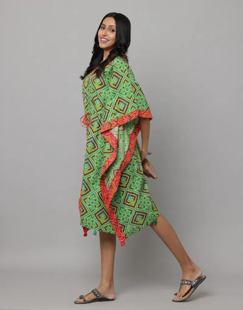 Block Print U Neck Kaftan Stitched With Contrast Fabric On Side Seam & Neck