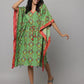 Block Print U Neck Kaftan Stitched With Contrast Fabric On Side Seam & Neck