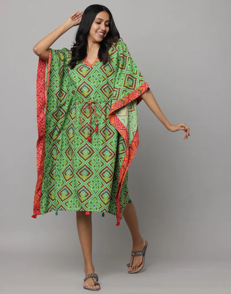 Block Print U Neck Kaftan Stitched With Contrast Fabric On Side Seam & Neck