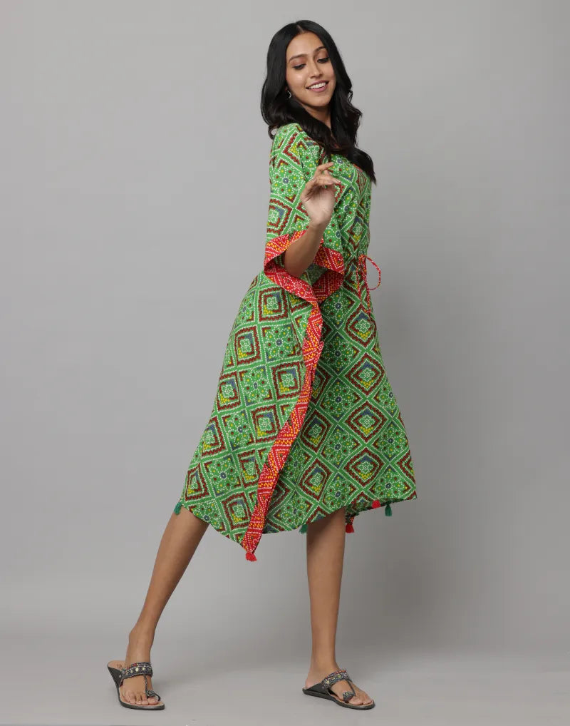 Block Print U Neck Kaftan Stitched With Contrast Fabric On Side Seam & Neck