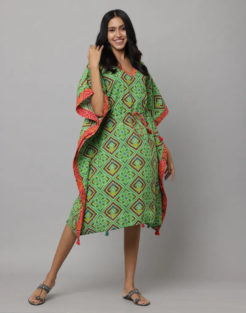 Block Print U Neck Kaftan Stitched With Contrast Fabric On Side Seam & Neck