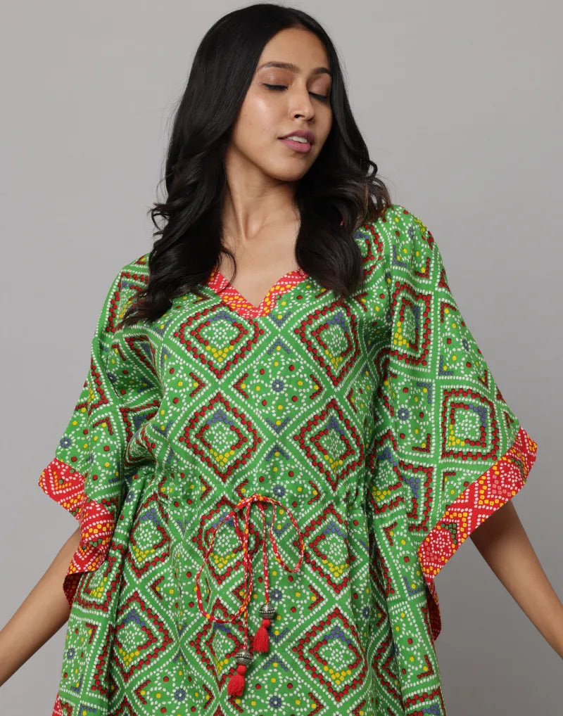 Block Print U Neck Kaftan Stitched With Contrast Fabric On Side Seam & Neck