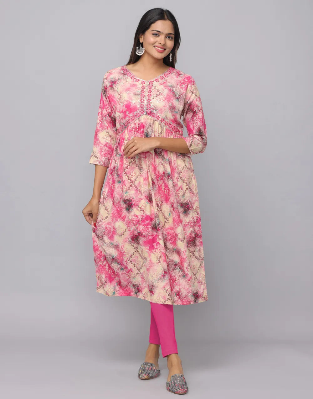 Aliya Pink V Neck Embroidered Kurta