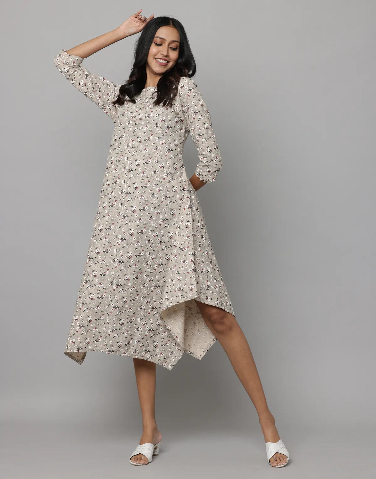 Floral Apple Cut Dress with Potli Buttons