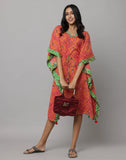 Block Print Red V Neck Kaftan with Waist Tieup