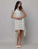 Cream Stripe V-Neck Asymmetric Sleeveless Dress