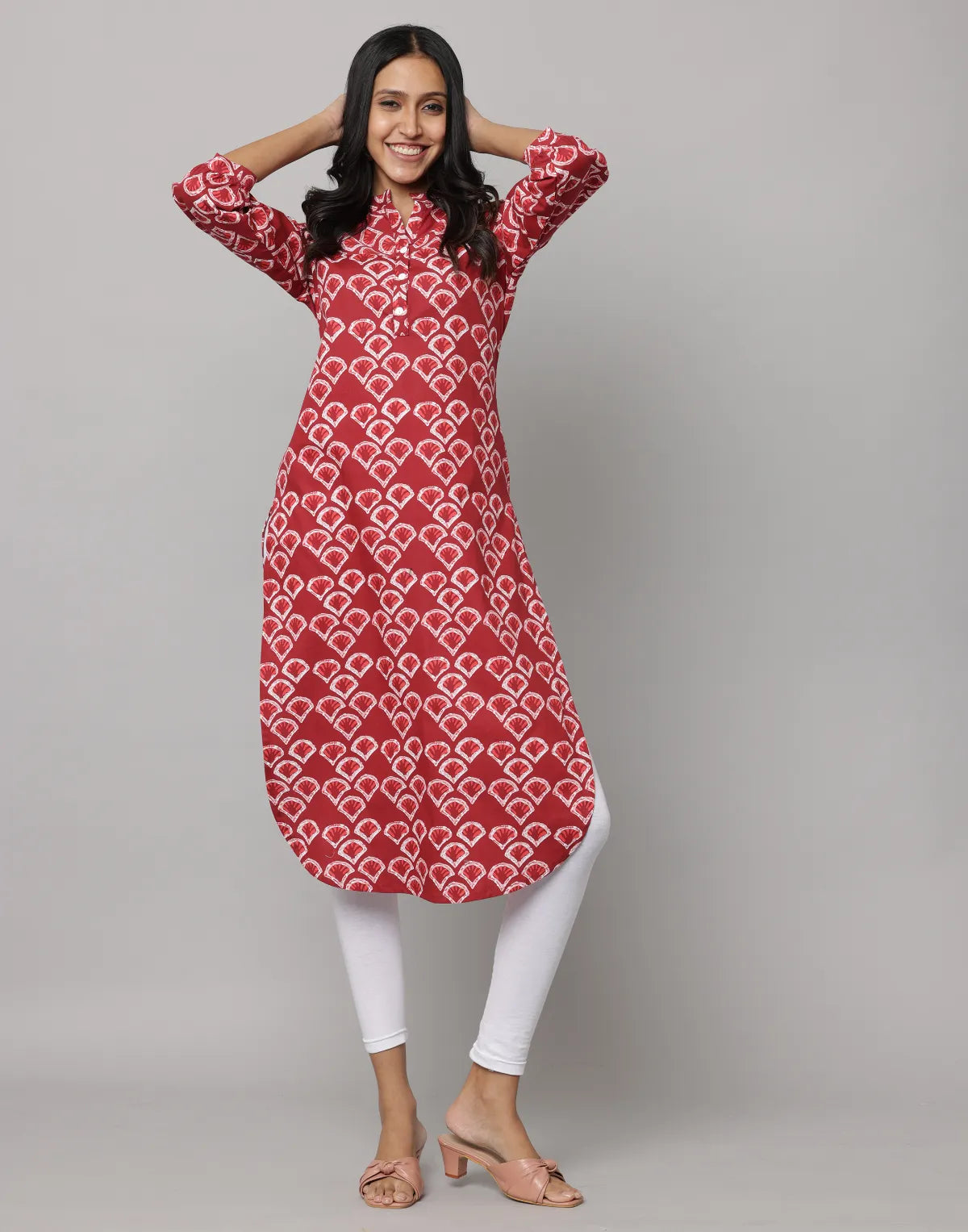 Red Floral Kurta with Mandarin Collar & Cuff Sleeves