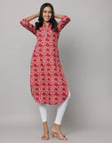 Red Floral Kurta with Mandarin Collar & Cuff Sleeves