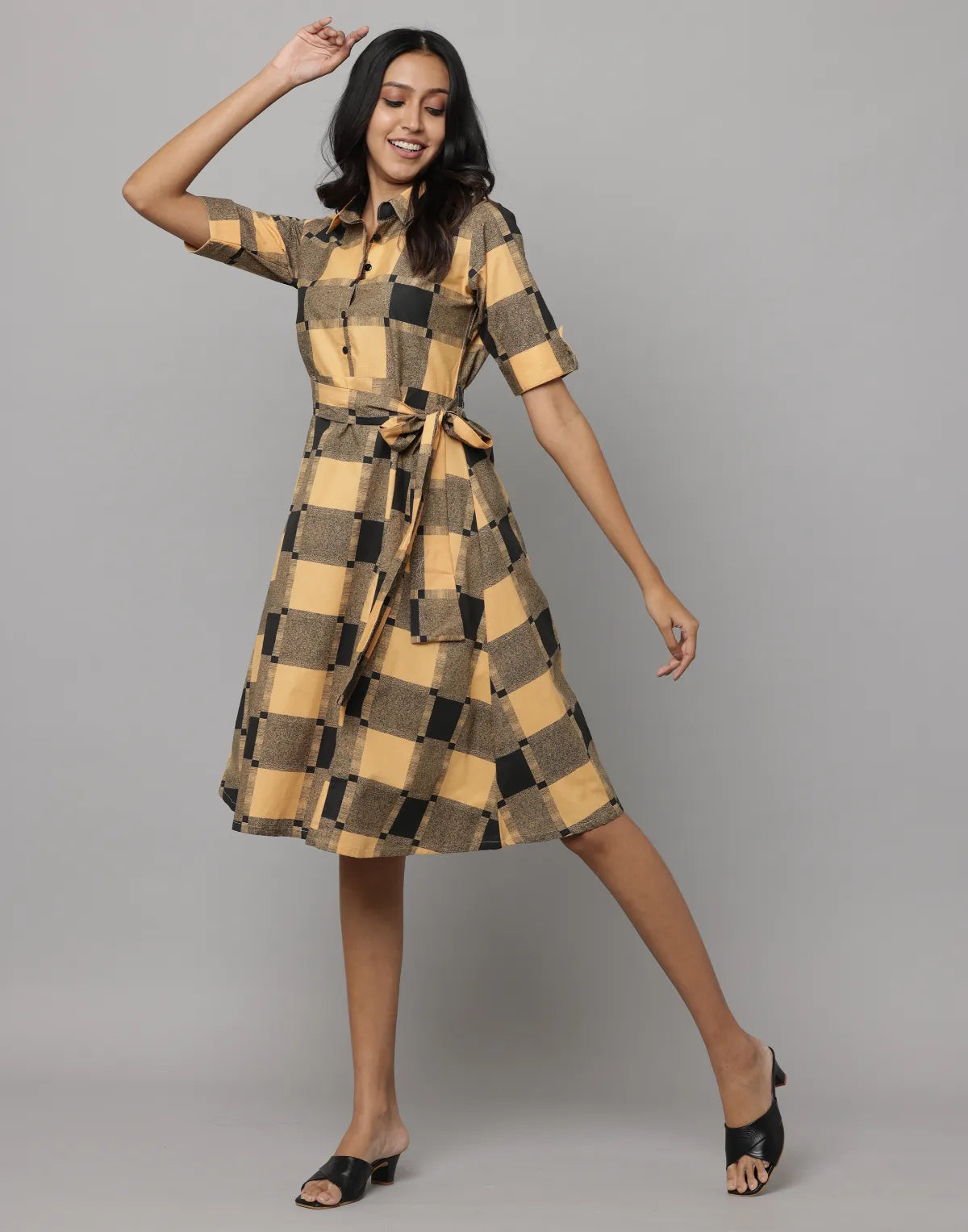 Mustard & Black Checkered Dress with Belt