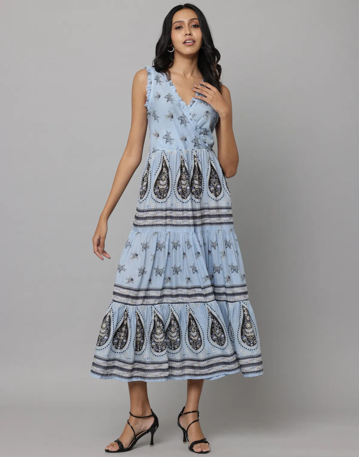 Sky Blue Angrakha Floral Print Calf-Length Dress