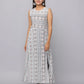 White Floral Sleeveless Full-Length Kurta with Front Slits