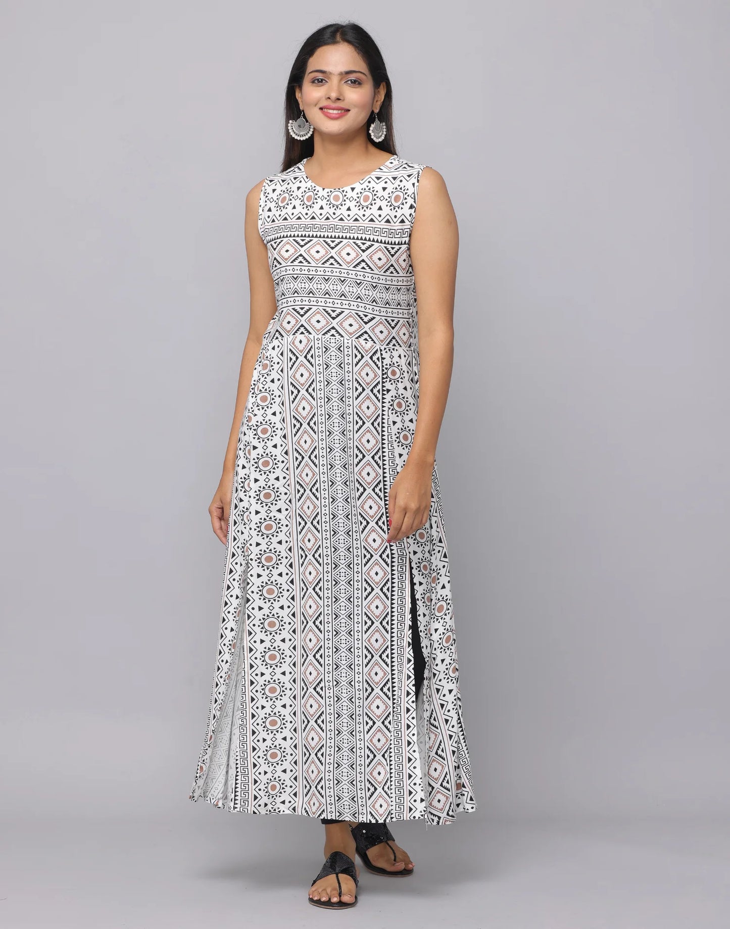 White Floral Sleeveless Full-Length Kurta with Front Slits