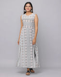 White Floral Sleeveless Full-Length Kurta with Front Slits