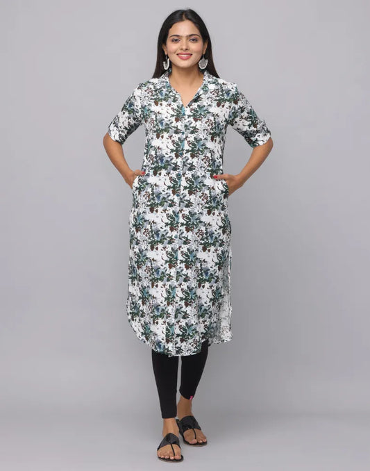 Green Shirt Collar Full-Length Kurta with Pockets