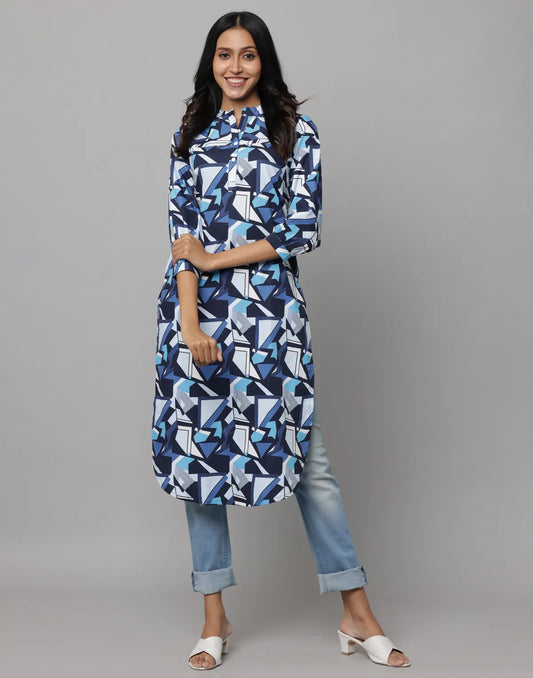 Navy Blue Geometric Print Kurta with Mandarin Collar