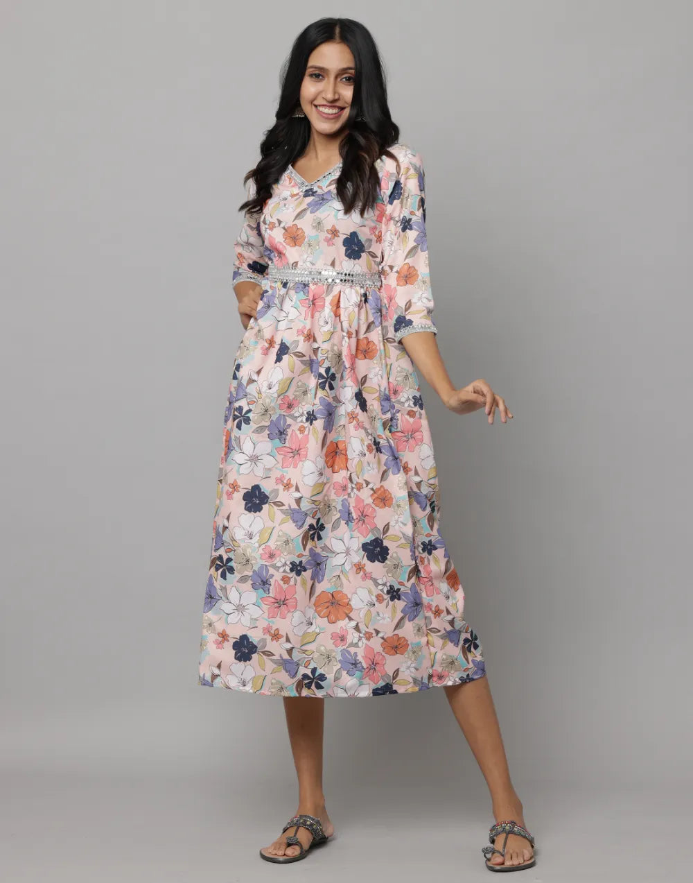 Floral Printed 3/4 Sleeve V Neck Dress