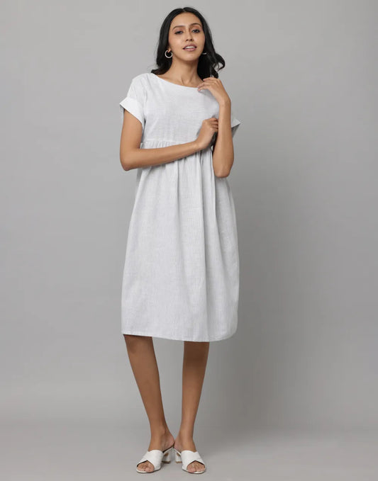 White Boat Neck Stripe Dress with Cap Sleeves