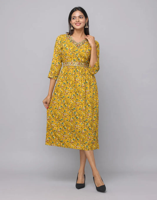 Yellow Floral V-Neck Dress with Embroidered Neckline & Waist Belt