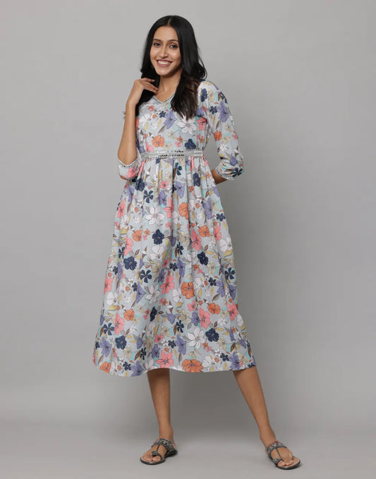 Floral V-Neck Linen Dress with Embroidery