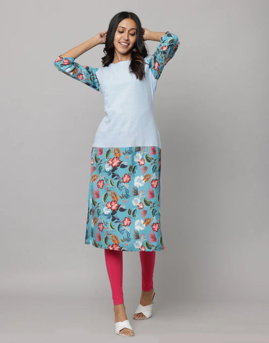 Light Sky Blue Solid & Floral Mix Kurta with 3/4th Sleeves