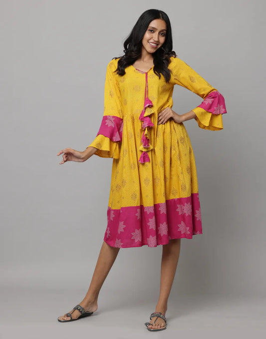 Yellow Dress with 3/4th Bell Sleeves & Tassels