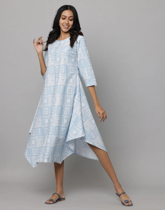 Light Sky Blue Geometric Print Apple Shape Dress with Potli Buttons