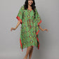 Block Print Green V Neck Kaftan with Waist Tieup