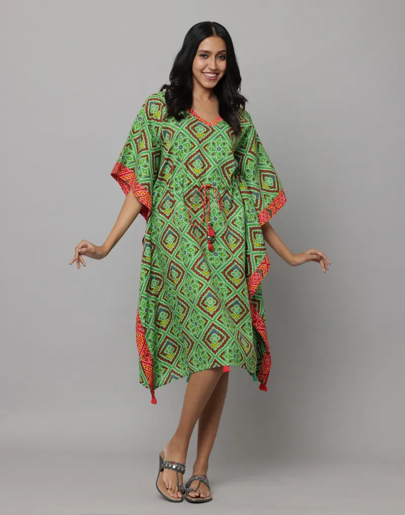 Block Print Green V Neck Kaftan with Waist Tieup