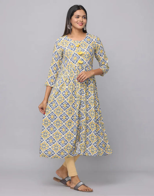 Yellow Floral Printed Frock Style Kurta with 3/4th Sleeves