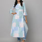 Sky Blue Stripe Printed Long Kurta with Flared Sleeves