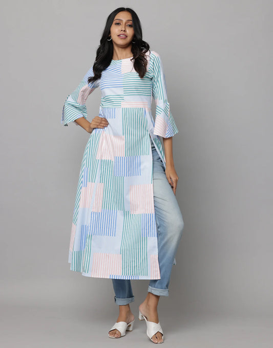 Sky Blue Stripe Printed Long Kurta with Flared Sleeves