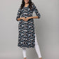 Black Floral Round Neck Kurta with Button Placket