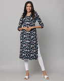 Black Floral Round Neck Kurta with Button Placket