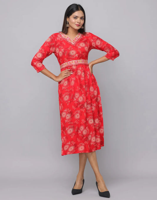 Red Floral V-Neck Dress with Embroidered Details & Belt